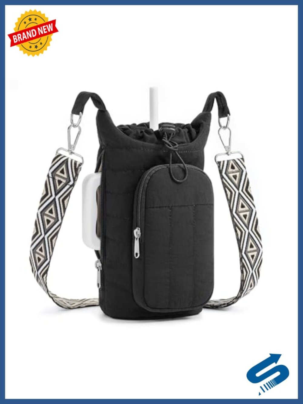 Quilted Crossbody Water Bottle Bag with Adjustable Strap